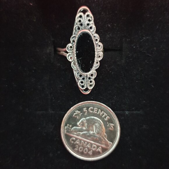 Rare Vintage 1940s Beaucraft Sterling Silver Filigree Black Onyx Adjustable Ring - Picture 11 of 12